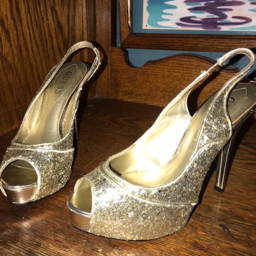 Vintage 90’s Guess Peep Toe Heels. Gold Sequin Guess Heels, Size 6